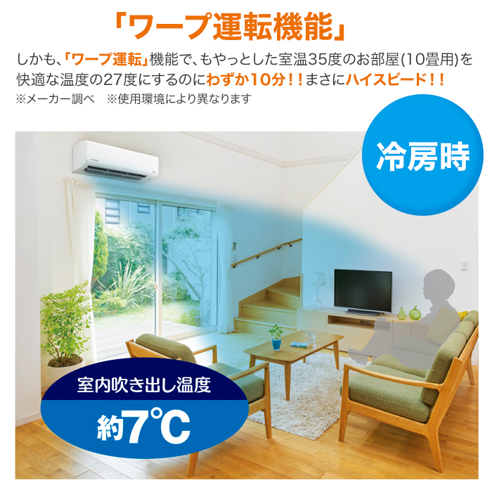 ワープ運転機能。しかもワープ運転機能で、もやっとした室温35度のお部屋(10畳用)を快適な温度の27度にするのにわずか10分!!まさにハイスピード!!※メーカー調べ※使用環境により異なります。
