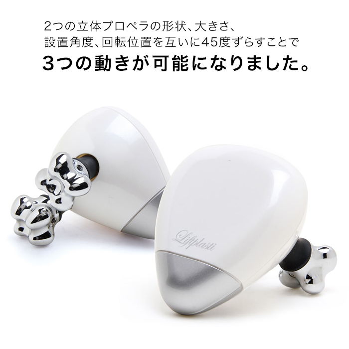 2つの立体プロペラの形状、大きさ、設置角度、回転位置を互いに45度ずらすことで3つの動きが可能になりました。