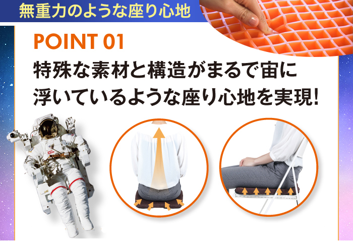 無重力のような座り心地。Point01 特殊な素材と構造がまるで宙を浮いているような座り心地を実現。