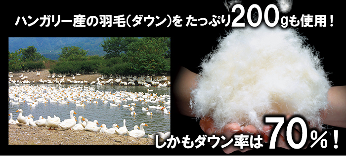 ハンガリー産の羽毛(ダウン)をたっぷり200gも使用!しかもダウン率は70%!