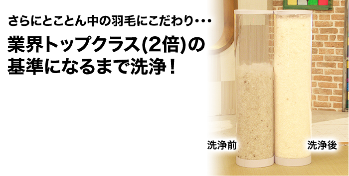 さらにとことん中の羽毛にこだわり・・・業界トップクラス(2倍)の基準になるまで洗浄!これにより、ふっくら仕上げております♪