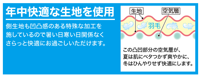 「年中快適な生地を使用」側生地も凹凸感のある特殊な加工を施しているので暑い日寒い日関係なくさらっと快適にお過ごしいただけます。