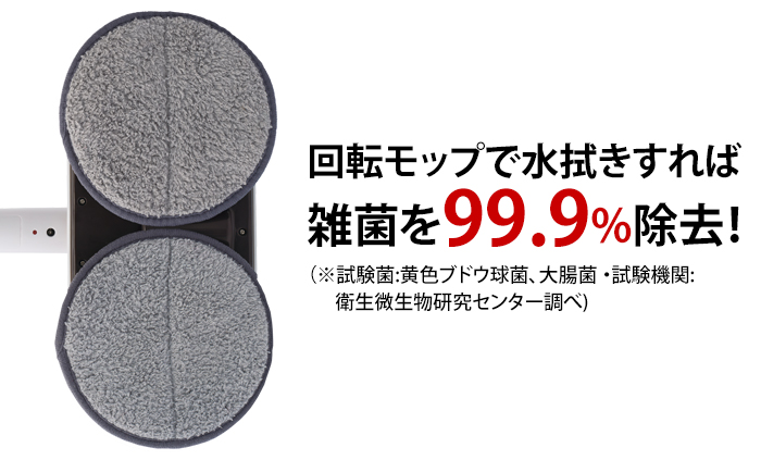 回転モップで水拭きすれば雑菌を99.9%除去!(※試験菌:黄色ブドウ球菌、大腸菌・試験機関:衛生微生物研究センター調べ)