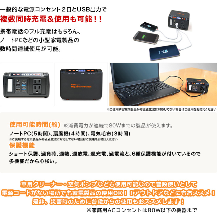 一般的な電源コンセント2口とUSB出力で複数同時充電＆使用も可能!!携帯電話のフル充電はもちろん、ノートPCなどの小型家電製品の数時間連続使用が可能。停電、緊急時への対策として、ぜひ備えて頂きたい、ポータブル電源です。【使用可能時間(約)】※消費電力が連続で80Wまでの製品が使えます。ノートPC(5時間)、扇風機(4時間)、電気毛布(3時間)　【保護機能】ショート保護、過負荷、過熱、過放電、過充電、過電流と、6種保護機能が付いているのでどんなときでも安心してお使い頂けます。　車用クリーナー・空気ポンプなども使用可能なので普段使いとして電源コードがない場所でも家電製品が使用OK!!アウトドアなどにもおススメ!是非、災害時のために普段からの使用もおススメします!