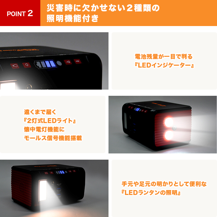 POINT 2　災害時に欠かせない2種類の照明機能付き　電池残量が一目で判る『LEDインジケーター』遠くまで届く『2灯式LEDライト』　懐中電灯機能にモールス信号機能搭載　手元や足元の明かりとして便利な『LEDランタンの照明付き』。