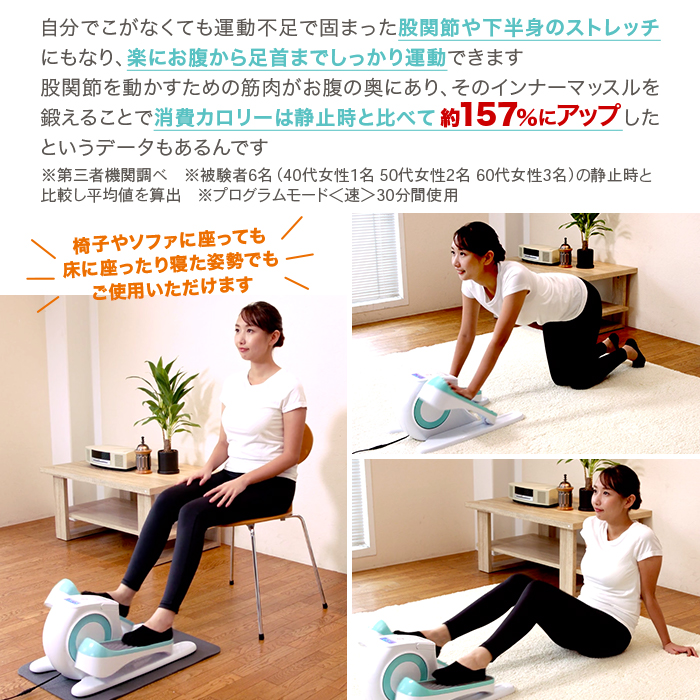 自分でこがなくても運動不足で固まった股関節や下半身のストレッチにもなり、楽にお腹から足首までしっかり運動できます。股関節を動かすための筋肉がお腹の奥にあり、そのインナーマッスルを鍛えることで消費カロリーは静止時と比べて157％にアップしたというデータもあるんです。※第三者機関調べ※被験者6名（40代女性1名50代女性2名60代女性3名）の静止時と比較し平均値を算出※プログラムモード速30分間使用」椅子やソファに座っても床に座ったり寝た姿勢でもご使用いただけます