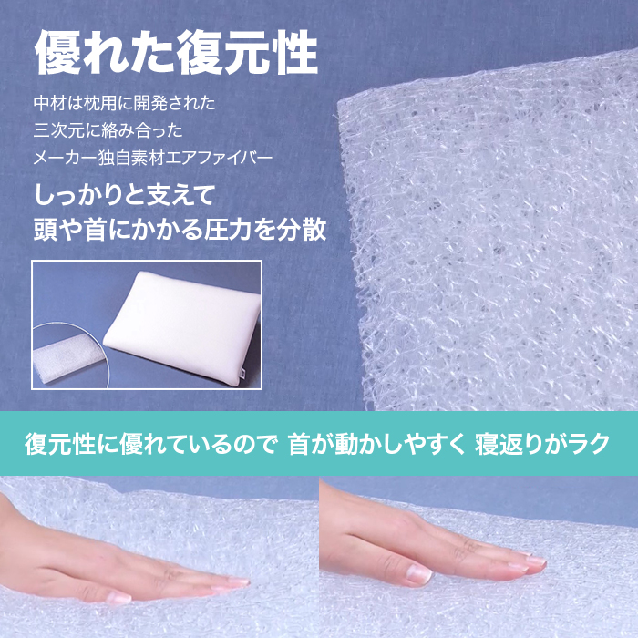 優れた復元性。中材は枕用に開発された三次元に絡み合ったメーカー独自素材エアファイバー。しっかりと支えて頭や首にかかる圧力を分散。復元性に優れているので首が動かしやすく寝返りがラク