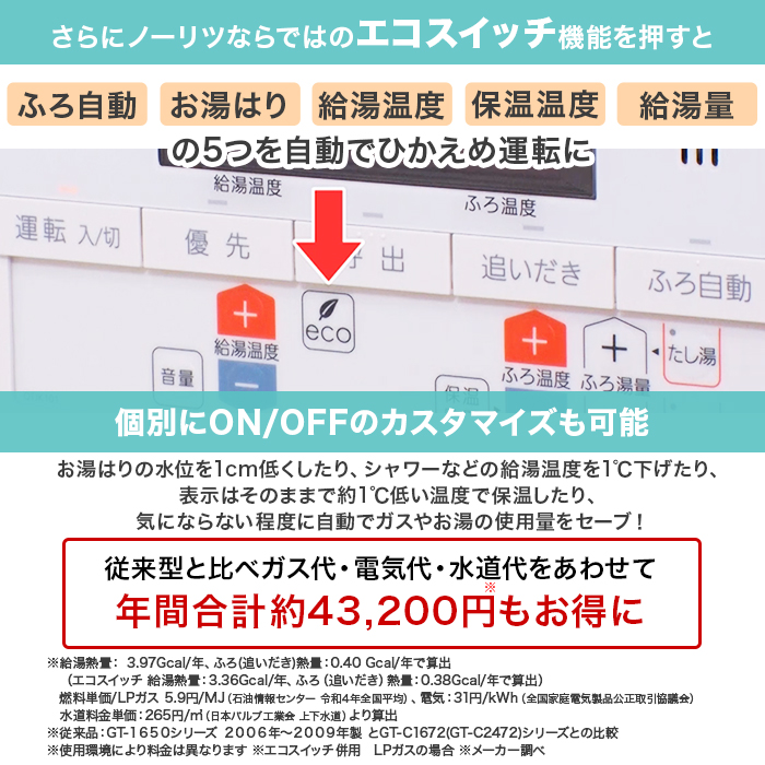 ノーリツ ガス給湯器エコジョーズ 追い焚き16号 下取りあり | 999