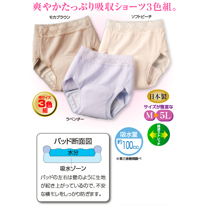 爽やかたっぷり吸収ショーツ3色組(同サイズ) M-LL | 999-303589 | 【公式】