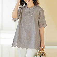 綿麻シャンブレーレース使いオーバーブラウス 綿麻シャンブレーレース使いオーバーブラウス