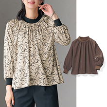 リブ使いプリントブラウス リブ使いプリントブラウス