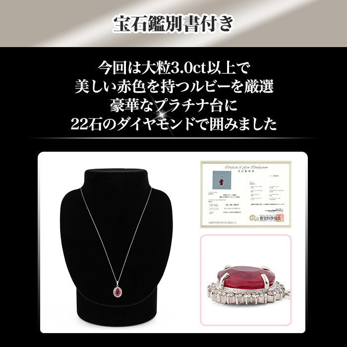 天然ルビー3カラット　PT900　ペンダントトップ ペンダントトップ Pt900 ダイヤ付 (Type-EL) 3.0ct