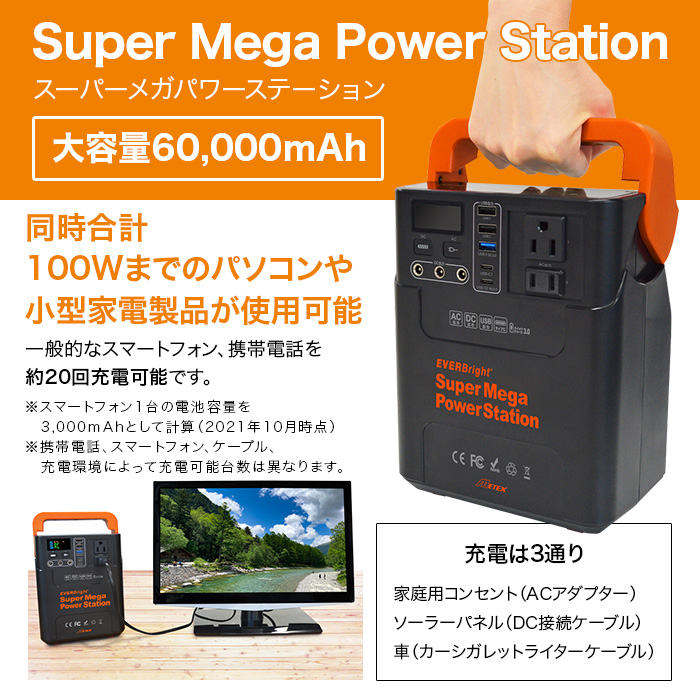 SuperMegaPowerStation。スーパーメガパワーステーション。大容量60,000mAh。同時合計100Wまでのパソコンや小型家電製品が使用可能。一般的なスマートフォン（電池容量3000mAh）に約20回充電可能。充電は3通り。家庭用コンセント（ACアダプター）ソーラーパネル（DC接続ケーブル）車（カーシガレットライターケーブル）