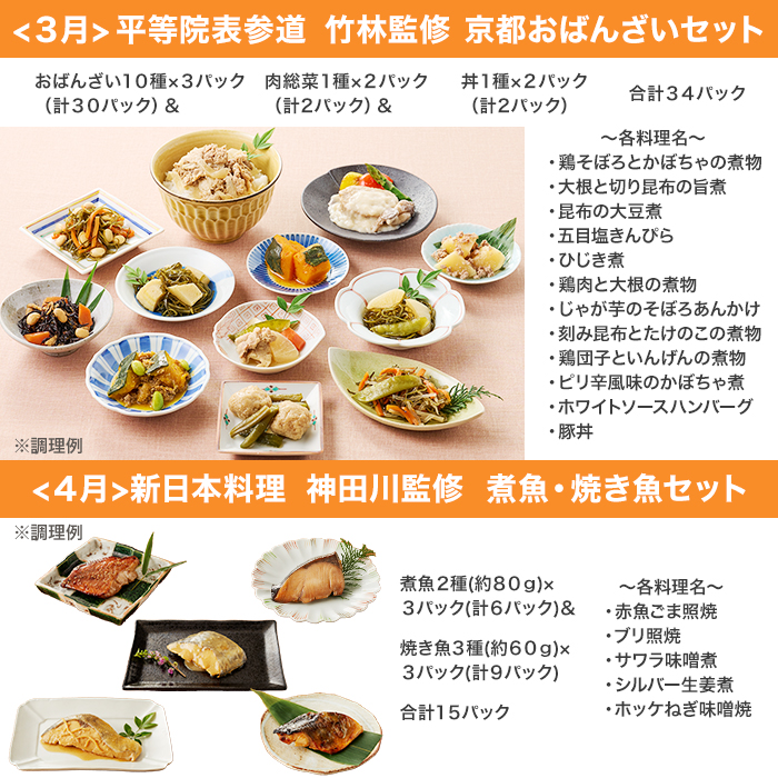 <3月>。平等院表参道。竹林監修。京都おばんざいセット。おばんざい10種×3パック(計30パック)&肉総菜1種×2パック(計2パック)＆丼1種×2パック(計2パック)合計34パック。~各料理名~。鶏そぼろとかぼちゃの煮物。大根と切り昆布の旨煮。昆布の大豆煮。五目塩きんぴら。ひじき煮。鶏肉と大根の煮物。じゃが芋のそぼろあんかけ。刻み昆布とたけのこの煮物。鶏団子といんげんの煮物。ピリ辛風味のかぼちゃ煮。ホワイトソースハンバーグ。豚丼。<4月>。新日本料理。神田川監修。煮魚・焼き魚セット。煮魚2種(約80g)×3パック(計6パック)＆焼き魚3種(約60g)×3パック(計9パック)合計15パック。~各料理名~。赤魚ごま照焼。ブリ照焼。サワラ味噌煮。シルバー生姜煮。ホッケねぎ味噌焼。