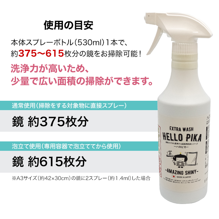 使用の目安。本体スプレーボトル(530ml)1本で、約375_615枚分の鏡をお掃除可能!洗浄力が高いため、少量で広い面積の掃除ができます。※A3サイズ(約42×30cm)の鏡に2スプレー(約1.4ml)した場合。